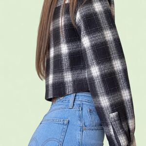 Express Womens Novy Blue White Plaid Flannel Cropped Button Front Jacket XS